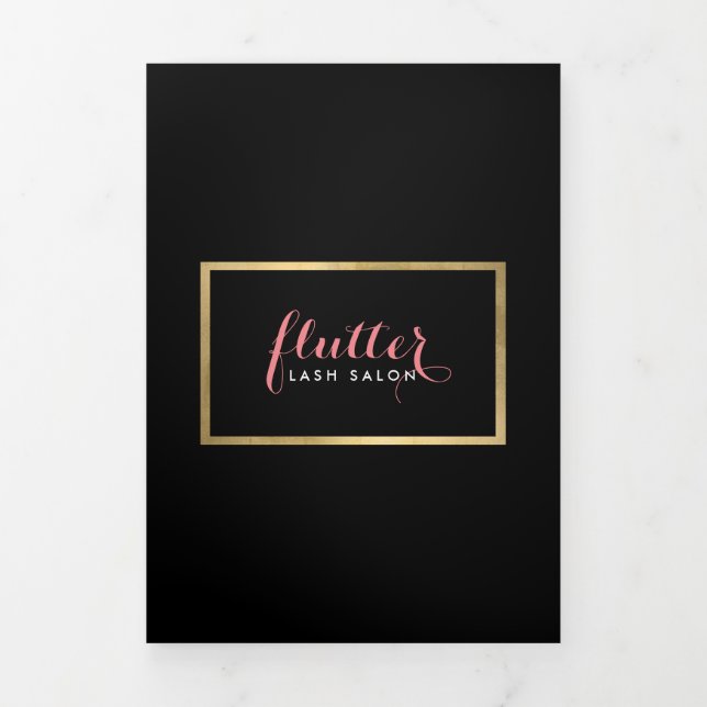 Tarjeta Tríptica Glam Black Pink Gold Lash Salon Brochure (Foto de portada)