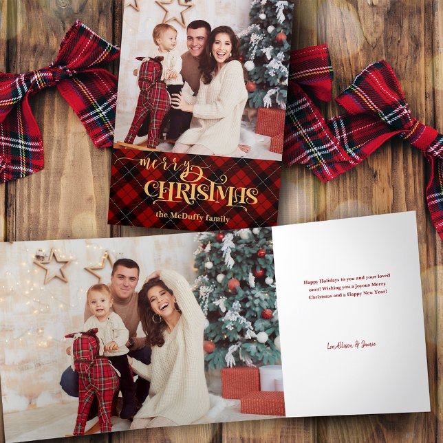 Tarjeta Tríptica Gold Merry Christmas on Red Tartan Photo (Subido por el creador)