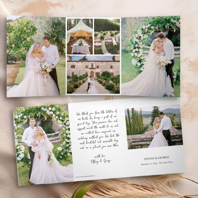 Tarjeta Tríptica Gracias escrito a mano con fotos de Bodas (Wedding photo thank you tri-fold card with handwritten typography by Darling & May)