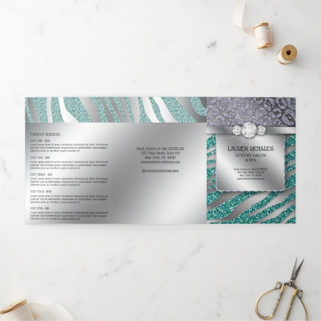 Tarjeta Tríptica Hair Salon Nail Makeup Zebra Purpurina Brochure (Exterior)