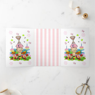 Tarjeta Tríptica Happy Birthday FUN Pink Cakecupake Tri-Fold Card