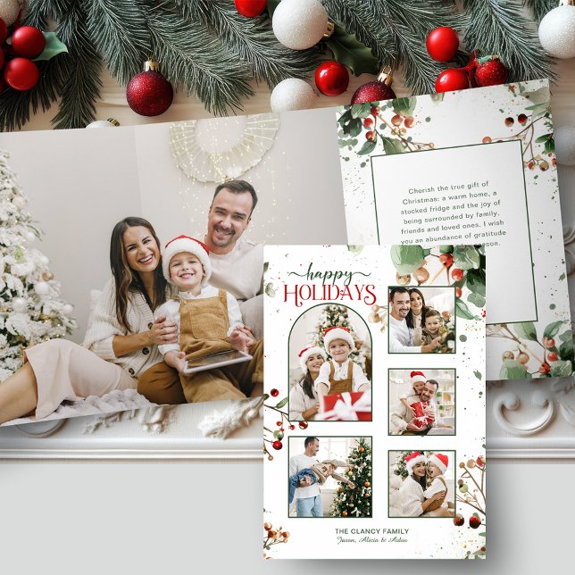 Tarjeta Tríptica Happy Holidays Watercolor Holly Botanical 5 Photo (Subido por el creador)