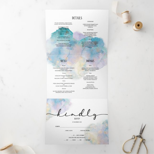 Tarjeta Tríptica invitación/detalles/menú/RSVP de BODAS. (Interior)