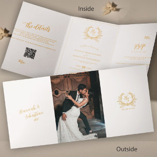 Tarjeta Tríptica Ivory Gold Monograma Foto QR   RSVP   Detalles