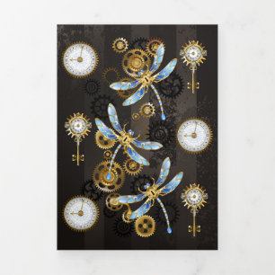 Tarjeta Tríptica Libélulas Steampunk sobre fondo marrón rayado