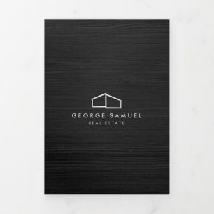 Tarjeta Tríptica Logotipo inmobiliario moderno en casa Madera oscur