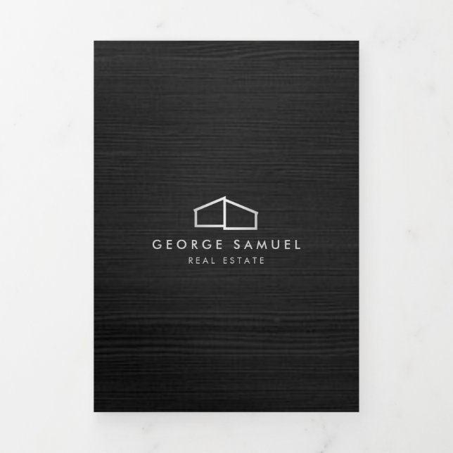 Tarjeta Tríptica Logotipo inmobiliario moderno en casa Madera oscur (Foto de portada)