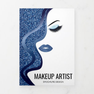 Tarjeta Tríptica Makeup Blue Purpurina Salón Lashes Hairstylist