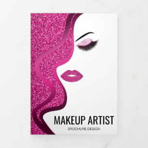 Tarjeta Tríptica Makeup Pink Purpurina Salón Lashes Hairstylist