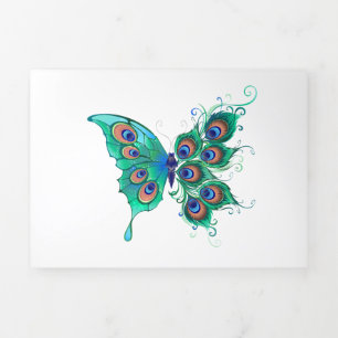 Tarjeta Tríptica Mariposa con plumas de pavo real verde