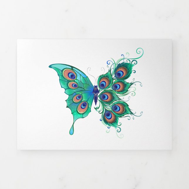 Tarjeta Tríptica Mariposa con plumas de pavo real verde (Foto de portada)