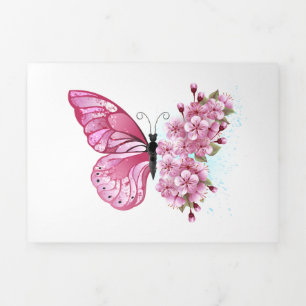 Tarjeta Tríptica Mariposa de flores con Sakura rosa