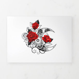 Tarjeta Tríptica Media luna mecánica con rosas rojas
