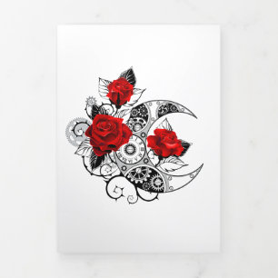 Tarjeta Tríptica Media luna mecánica con rosas rojas