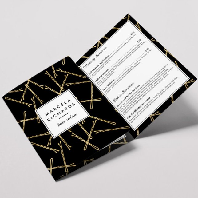 Tarjeta Tríptica Moda Café Bobby Pins Salón del pelo Negro Brochure (Subido por el creador)