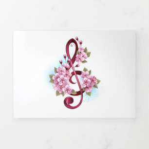 Tarjeta Tríptica Notas de clave de sol musical con flores de Sakura