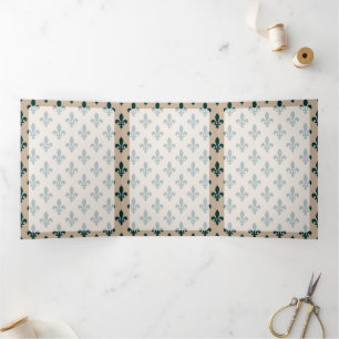 Tarjeta Tríptica Patrón Fleur de Lis, francés, real, verde