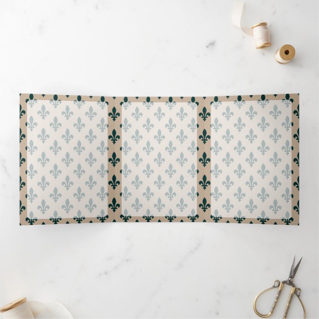 Tarjeta Tríptica Patrón Fleur de Lis, francés, real, verde (Interior)