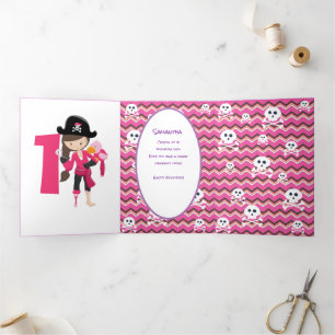 Tarjeta Tríptica Pirate Pink 1er cumpleaños
