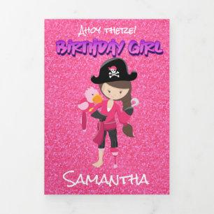 Tarjeta Tríptica Purpurina rosado Chica pirata  primer cumpleaños