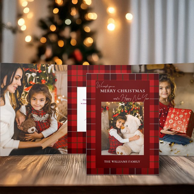 Tarjeta Tríptica Red Plaid Merry Christmas 1 Photo (Subido por el creador)