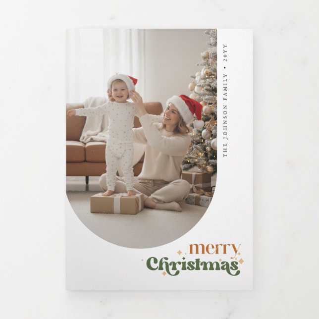 Tarjeta Tríptica Retro Merry Christmas Photo Trifold Fold Card (Foto de portada)