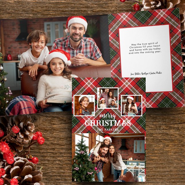 Tarjeta Tríptica Rustic Red/Green Plaid Merry Christmas 4-Photo (Subido por el creador)