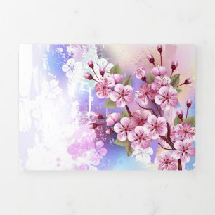 Tarjeta Tríptica Sakura rosa sobre fondo de pintura