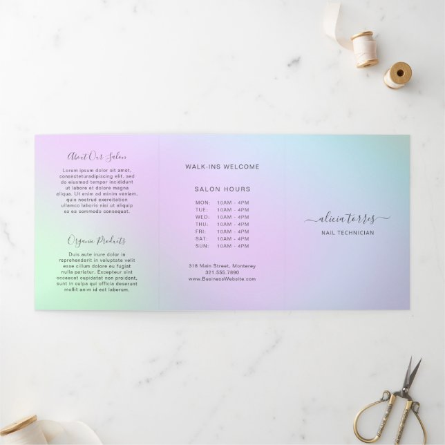 Tarjeta Tríptica Salón de Bonito Femenino Pastel colorido Holográfi (Exterior)