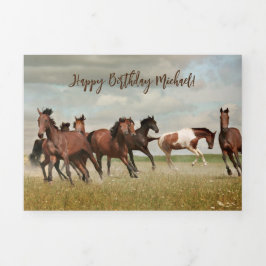 Tarjeta Tríptica Saludo de cumpleaños de caballos en ejecución