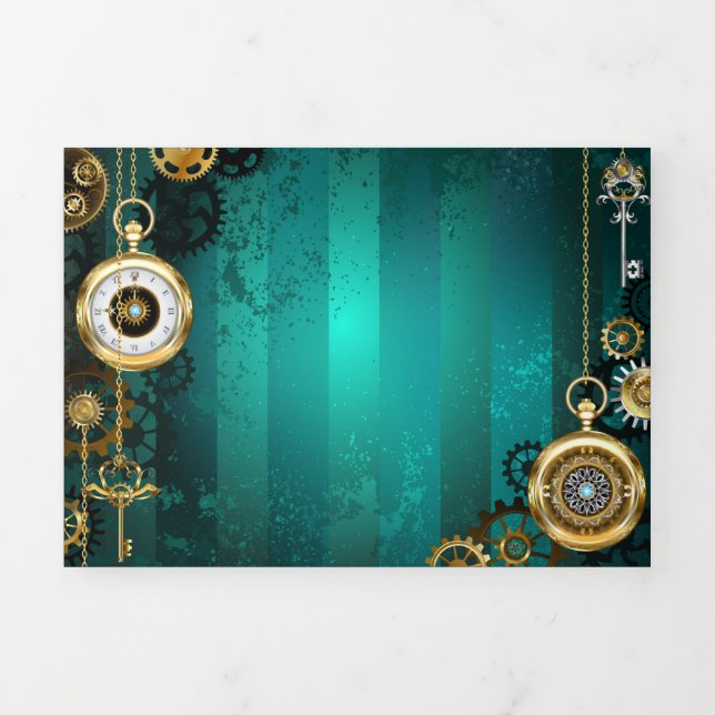 Tarjeta Tríptica Steampunk Jewelry Watch sobre un fondo verde (Foto de portada)