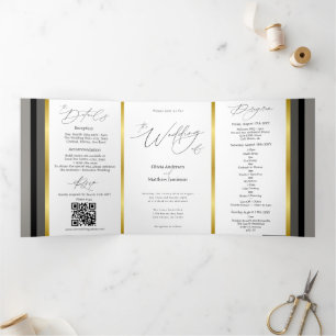 Tarjeta Tríptica Tipografía de boda elegante con franja negra gris 