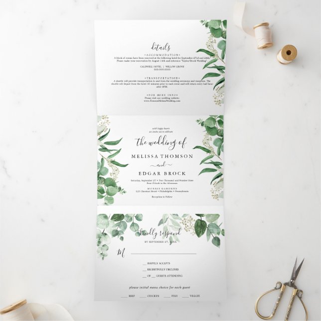 Tarjeta Tríptica  Vegetación de eucalipto| Boda de hoja verde (Interior)