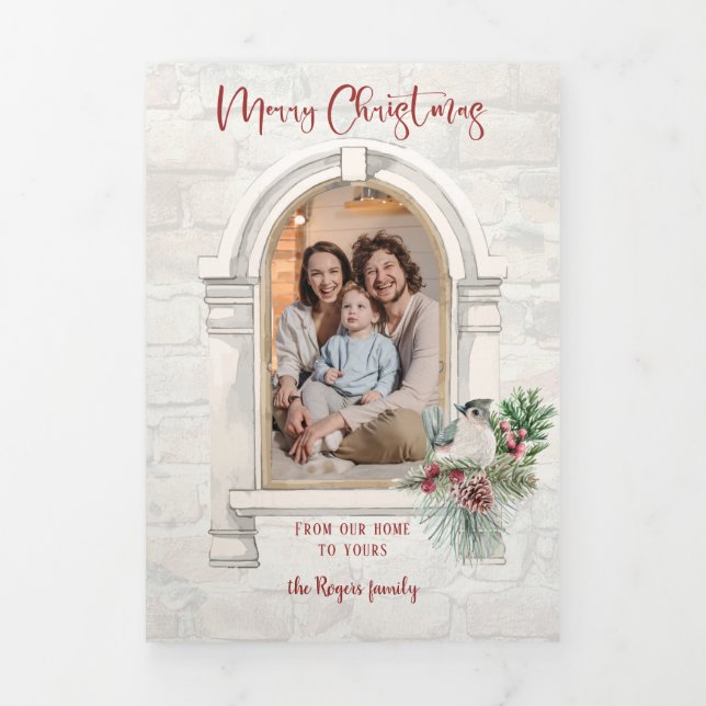 Tarjeta Tríptica Ventana de acuarela rusa con foto floral de Navida (Foto de portada)