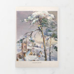 Tarjeta Tríptica Vintage Rustic Snowowly Winter Chistmas Village<br><div class="desc">Clásico ilustracion vacacional reformado con nostalgia, que cuenta con un pueblo rústico y tranquilo cubierto de nieve, con una antigua iglesia de piedra, árboles y el cielo nocturno con copas de nieve. Los paneles cuentan con un fondo de pergamino antiguo con etiqueta escénica complementaria con Saludo y espacio para personalización,...</div>