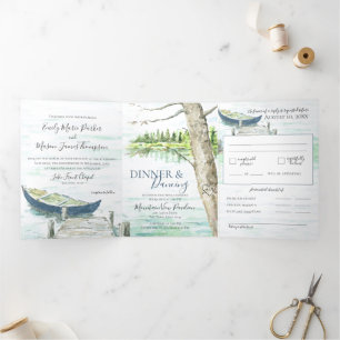 Tarjeta Tríptica Watercolor Lake Blue Canoe Boda All In One Invi