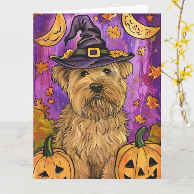 Tarjeta Triste Wheaten Terrier Dog Halloween Bruja Calabaz (flor amarilla)