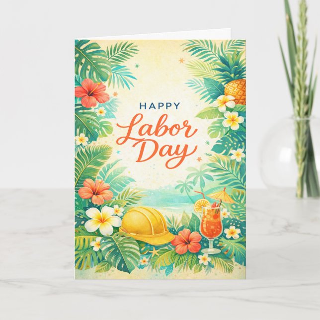 Tarjeta Tropical Beach Flowers Happy Labor Day (Anverso)