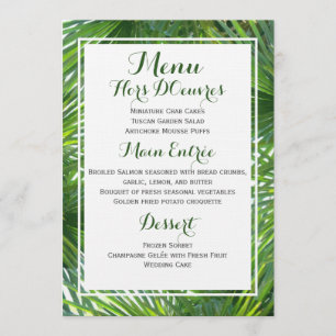 Tarjeta tropical del menú de la boda del verdor