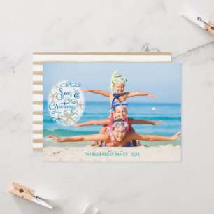 Tarjeta Tropical "Mares Y Saludos" Escritura Turquesa