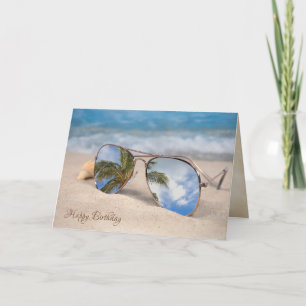 Tarjeta tropical palm tree and sunglasses birthday