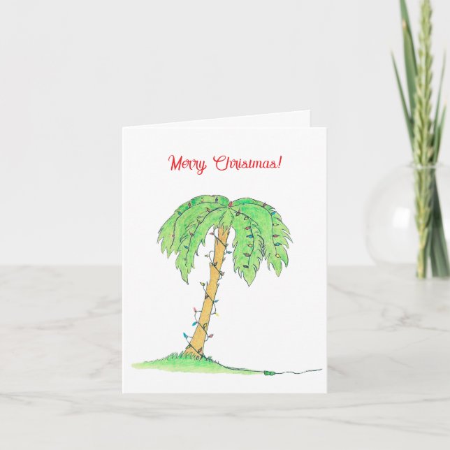 Tarjeta Tropical Palm Tree Merry Christmas Card w/ Lights! (Anverso)