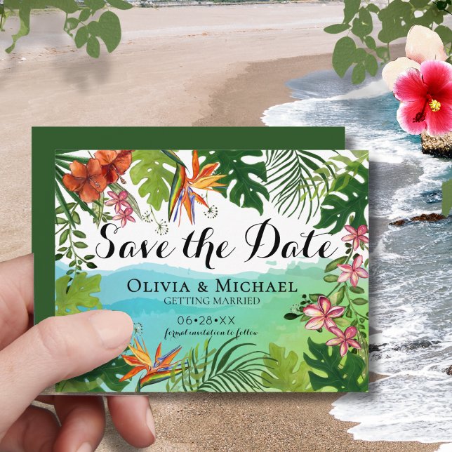 Tarjeta Tropical para Guardar la Fecha Acuarela Hi (Tropical Save the Date Card Watercolor Hibiscus )