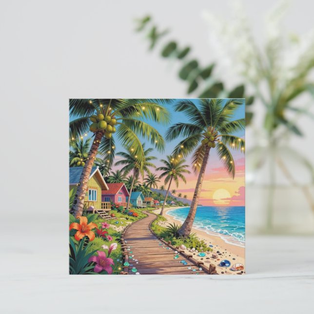 Tarjeta Tropical  Paradise Coastal Seaside Cottage Blank (Anverso de pie)