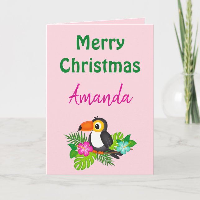 Tarjeta Tropical Pink Merry Christmas Toucan (Anverso)