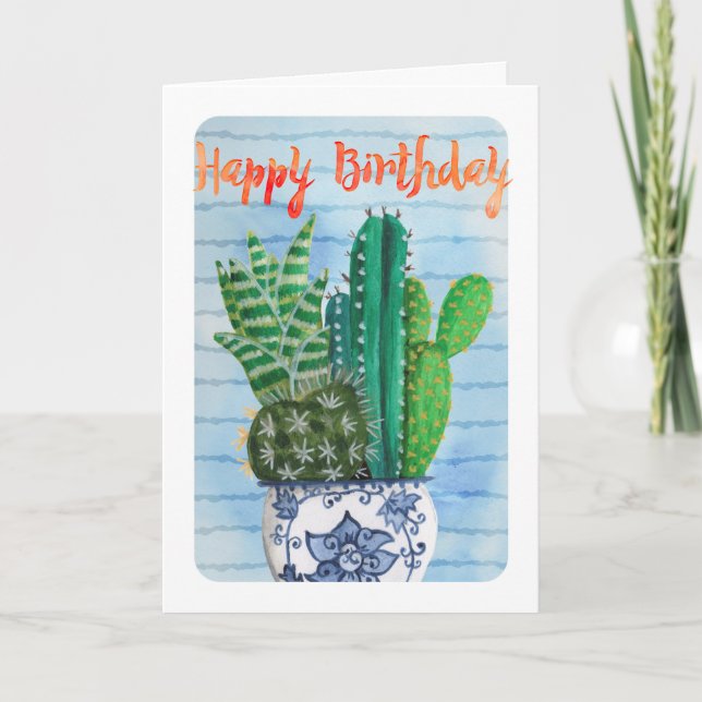Tarjeta Tropical trendy verde y azul Cactus Cumpleaños (Anverso)