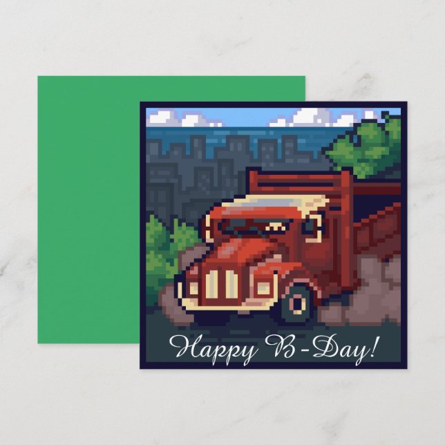 Tarjeta Truck, vrachtwagen, happy b-day pixel art,  (Anverso / Reverso)