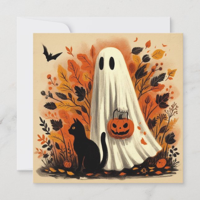 Tarjeta Truco de Halloween o trato a fantasma y gato negro (Anverso)