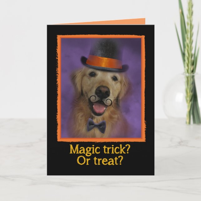 Tarjeta ¿Truco mágico o trato? Halloween de Golden Retriev (Anverso)