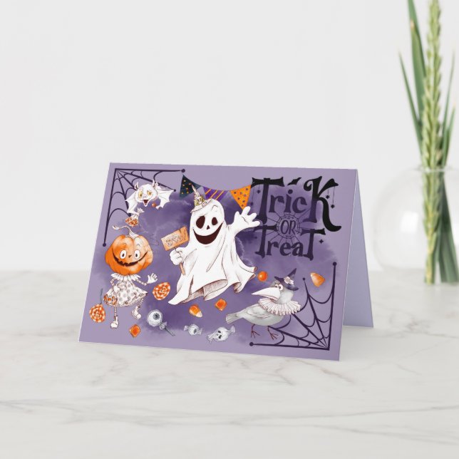 Tarjeta Truco o trato. Fun Ghost, Chica de calabaza, Raven (Anverso)